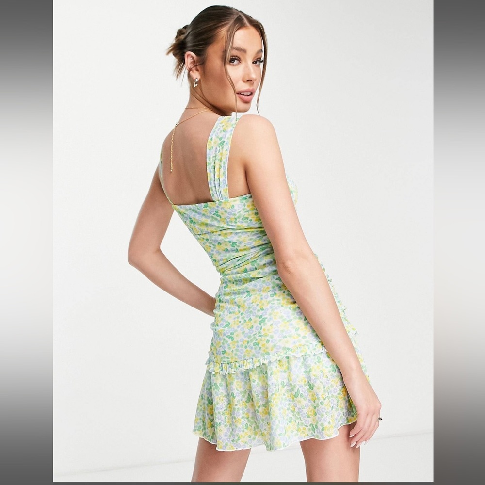 NWT ASOS Mini Ruched Detail Dress with Pep hem in green blue ditsy floral SZ 10